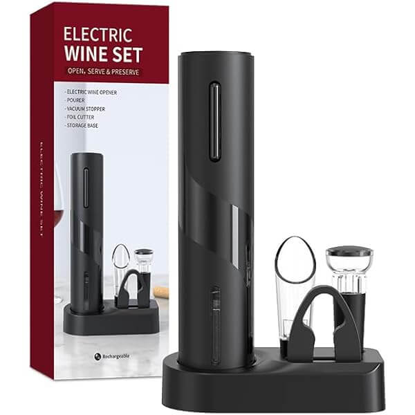 Destapador Eléctrico 4 en 1 para Vino – Set Completo con Cortador, Servidor y Tapón, Ideal para Regalar